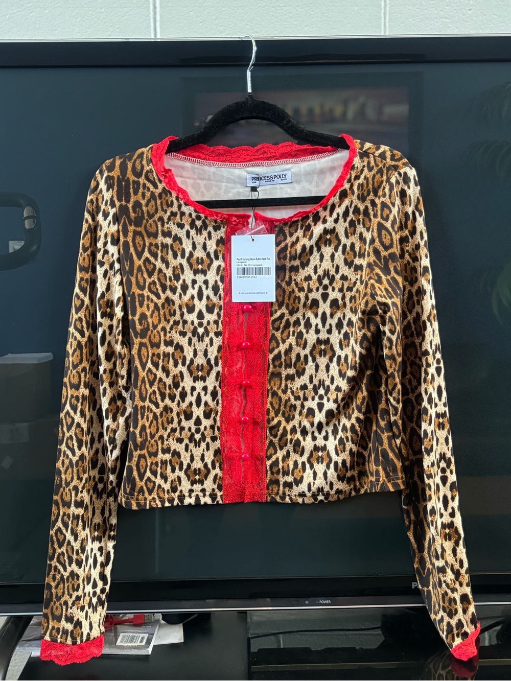 Princess Polly Leopard-Print Cropped Cardigan with Red Trim